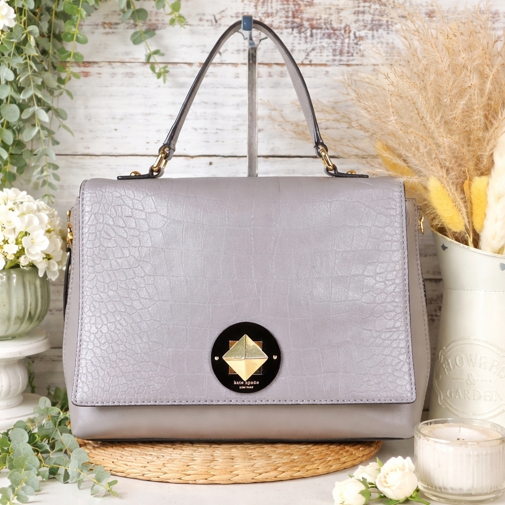 KATE SPADE GRAY BAG VARICK STREET ABBIE EXOTIC LEATHER SUEDE SATCHEL PURSE XBODY